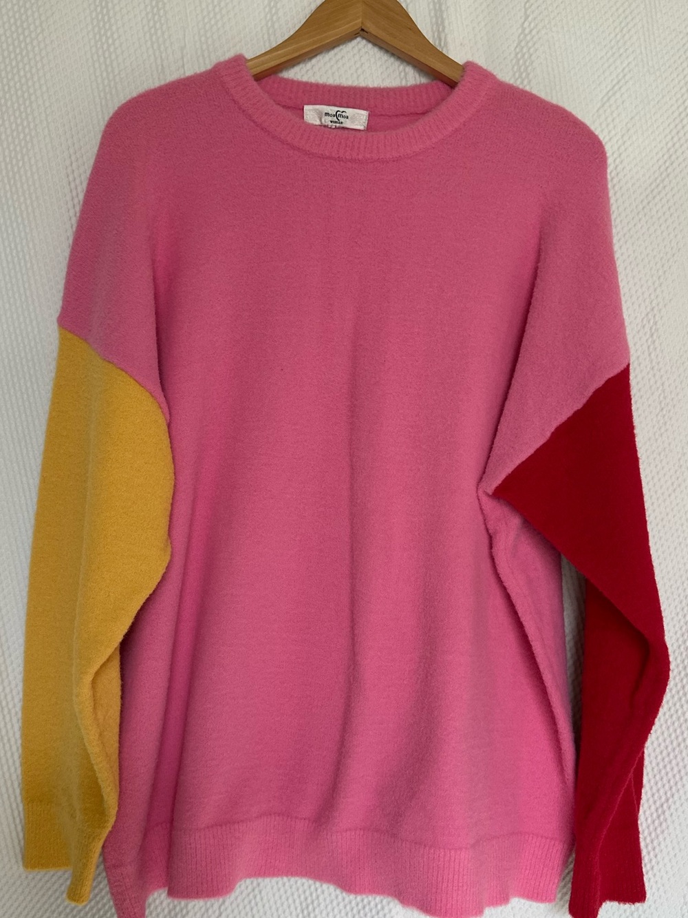 Moa Moa Pink Colorblock Crewneck Sweater with Yellow and Red Sleeves